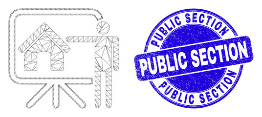 Web mesh realtor public report pictogram and Public Section seal stamp. Blue vector round grunge stamp with Public Section phrase.