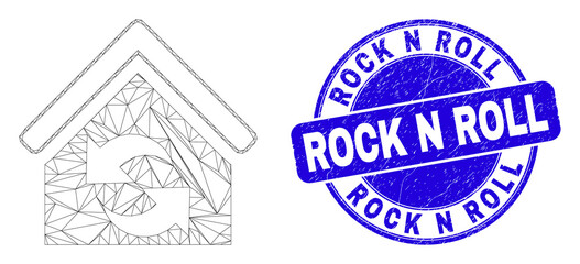 Web mesh refresh house pictogram and Rock N Roll seal stamp. Blue vector round distress seal stamp with Rock N Roll text. Abstract frame mesh polygonal model created from refresh house pictogram.
