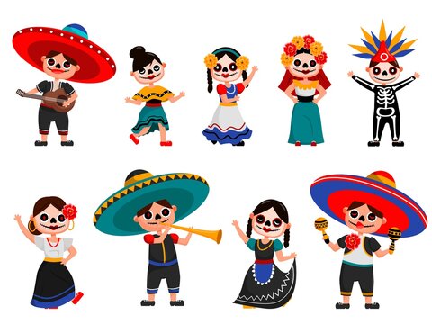 Mexican skeleton party set. Isolated Mexican people cartoon characters in spooky traditional costumes dancing, playing music, celebrating day of the dead holiday. Skeleton party celebration tradition
