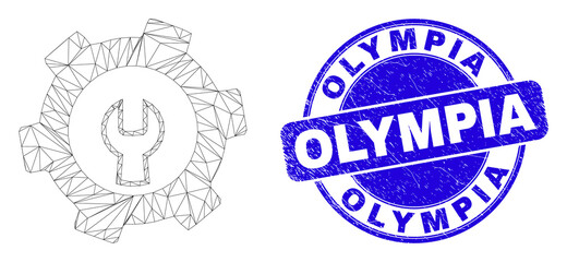 Web carcass repair gear icon and Olympia seal. Blue vector round scratched seal with Olympia message. Abstract carcass mesh polygonal model created from repair gear icon.