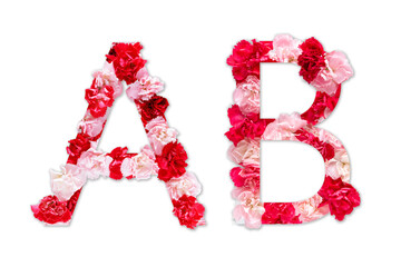 flower font alphabet A B set (collection A-Z), made from real Carnation flowers pink, red color...