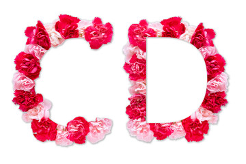 flower font alphabet C D set (collection A-Z), made from real Carnation flowers pink, red color...