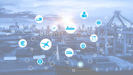 Business e-Logistics concept, Global business connection technology interface global partner connection of Container Cargo freight ship for Logistic Import Export background, internet of things