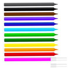Vector colored markers. Illustration of a set of felt-tip pens. Flat image of pencils of rainbow colors. Stock photo.