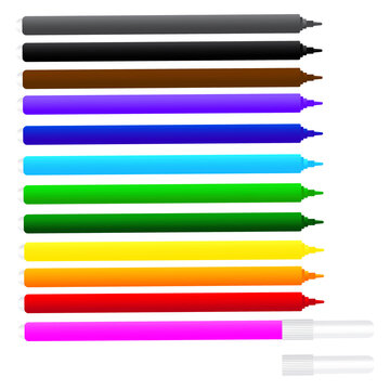 Vector colored markers. Illustration of a set of felt-tip pens. Flat image of pencils of rainbow colors. Stock photo.