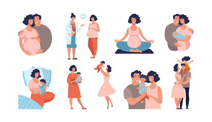 Set about pregnancy and motherhood. Dad and mom with a baby, the child is growing, yoga for pregnant women, a happy family. Flat vector cartoon illustration isolated on white background.