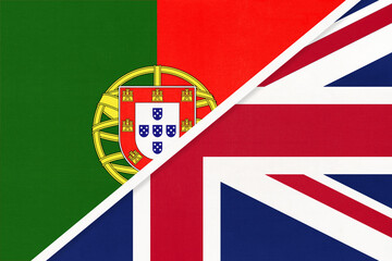 Portugal and United Kingdom or UK, symbol of two national flags from textile. Championship between European countries.