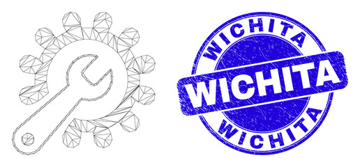 Web mesh repair tools icon and Wichita seal stamp. Blue vector round grunge seal stamp with Wichita phrase. Abstract carcass mesh polygonal model created from repair tools pictogram.