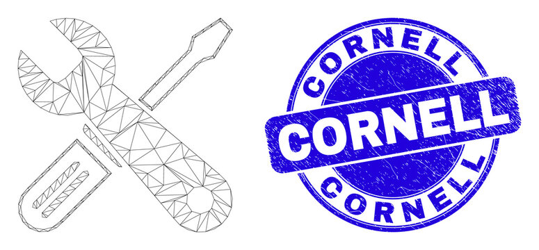 Web carcass repair tools pictogram and Cornell seal stamp. Blue vector round scratched seal stamp with Cornell caption. Abstract carcass mesh polygonal model created from repair tools icon.