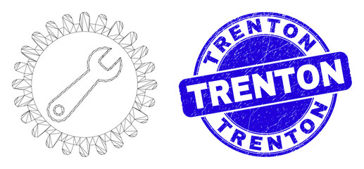 Web mesh repair wrench icon and Trenton seal stamp. Blue vector round scratched seal stamp with Trenton phrase. Abstract frame mesh polygonal model created from repair wrench pictogram.