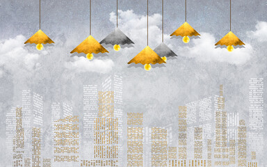 Fototapety  Geometric abstract silhouette of a big city on a gray background with clouds, vintage yellow lamps with a lampshade