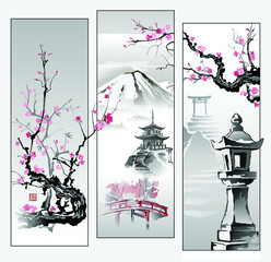 Modular illustration with elements of Japanese culture. Sakura branch, Toro Lantern, Pagoda, Torii Gate. Printing with hieroglyphs - beauty, spring, harmony. Vector.
