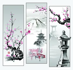 Modulare Illustration mit Elementen der japanischen Kultur. Sakura-Zweig, Toro-Laterne, Pagode, Torii-Tor. Drucken mit Hieroglyphen - Schönheit, Frühling, Harmonie. Vektor. © shark192009