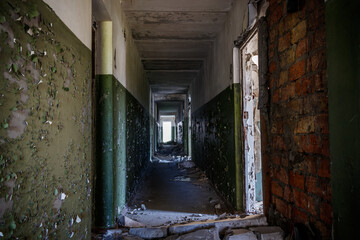Long corridor of ruined abandoned house
