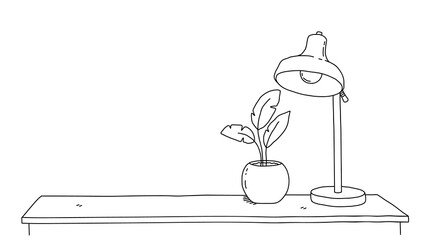 Hand drawn vector doodle of interior plant and a desk lamp on an empty working table
