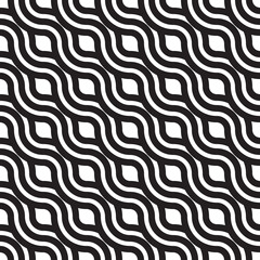 Black and white diagonal seamless pattern with wavy lines