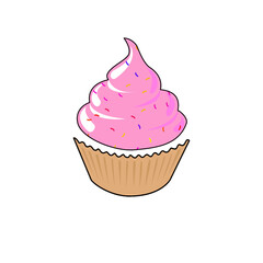 cupcake with pink frosting on white background.