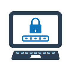 Computer security icon. Desktop computer security shield icon. Computer password icon