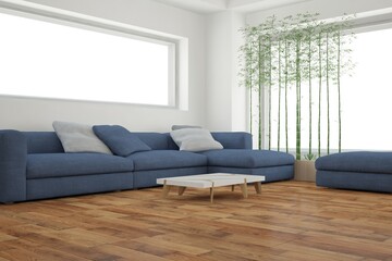 modern room with blue sofa,pouf and plants interior design. 3D illustration