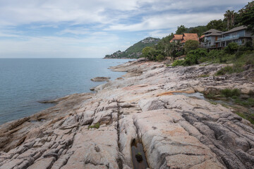Ladkoh View Point by the sea, big rocky beach with beautiful beachfront villas in Chaweng, Koh Samui, Thailand.