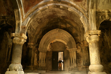 Obraz premium Female Visitor at the Entrance to the Chapel in Sanahin Medieval Monastery Complex, Alaverdi Town, Lori Province, Armenia