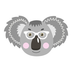 Colorful cute vector koala face in sunglasses. One object on a white background. Cartoon flat illustration. Emoji funny animal. Embarrassed smile emotion. Template icon. Logo, sticker.