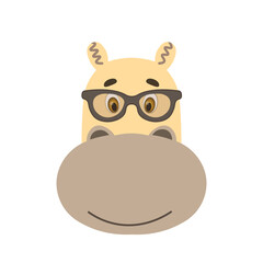 Colorful cute vector hippopotamus face in sunglasses. One object on a white background. Cartoon flat illustration. Emoji funny animal. Embarrassed smile emotion. Template icon. Logo, sticker.