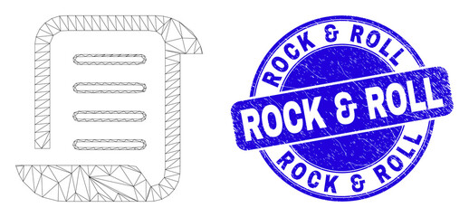 Fototapeta premium Web mesh scroll list pictogram and Rock & Roll watermark. Blue vector rounded distress watermark with Rock & Roll caption. Abstract frame mesh polygonal model created from scroll list pictogram.