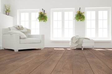 modern room with armcgair,pouf with plaid and plants interior design. 3D illustration