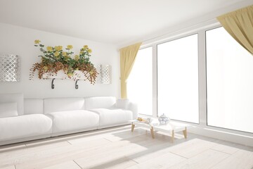 modern room with sofa,pillows,table,plate with cake and curtains interior design. 3D illustration