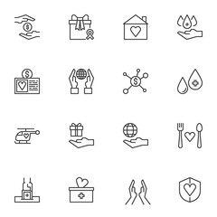 Charity line icons set, outline vector symbol collection, linear style pictogram pack. Signs, logo illustration. Set includes icons as money donation, giving help, blood donation, medical bag, heart