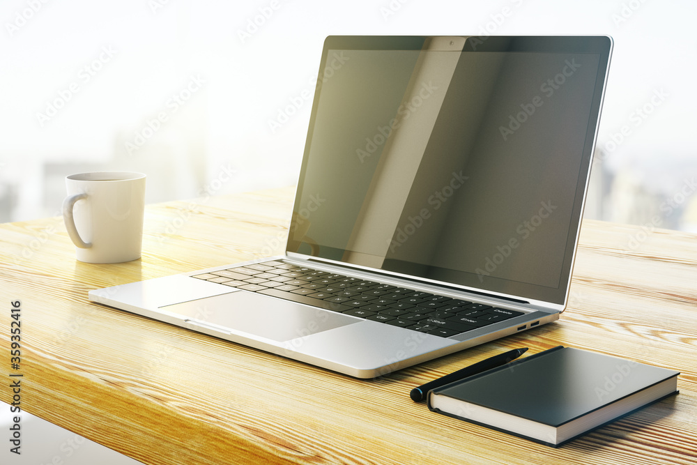 Poster open laptop on a wooden table with cup of coffee. mock up. 3d rendering