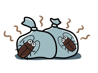 ゴミ袋に集まるゴキブリのキャラクター