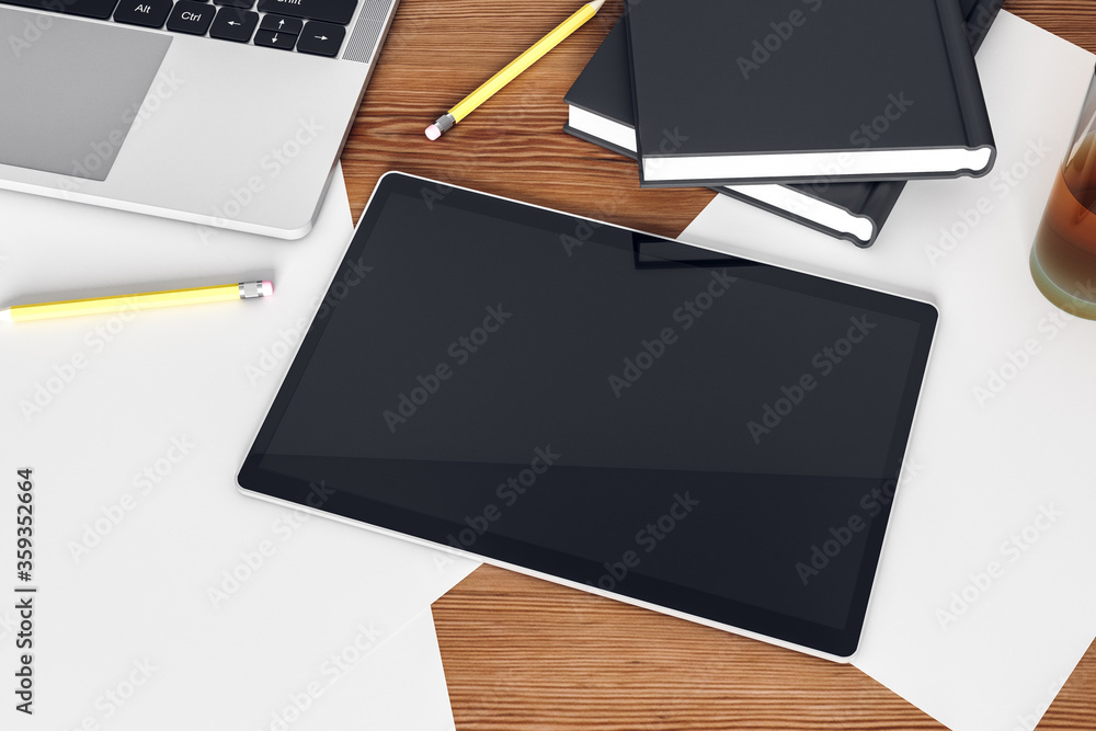 Poster top view of modern digital tablet with blank screen on a wooden desk. mock up. 3d rendering