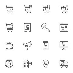 Online shopping line icons set, outline vector symbol collection, linear style pictogram pack. Signs, logo illustration. Set includes icons as shopping cart, purchase payment transaction, delivery