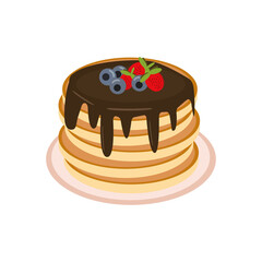 pancake with chocolate, strawberries and blueberries on a plate in vector flat style, single element for design. food, american dessert