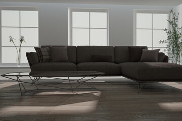 modern room with sofa,pillows,table,plants,vase interior design. 3D illustration