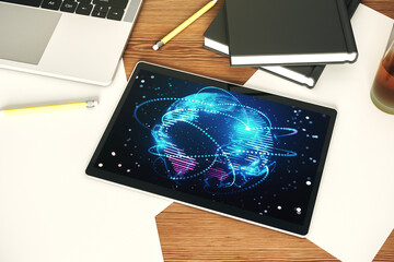 Modern digital tablet display with abstract graphic world map with connections, globalization concept. Top view. 3D Rendering