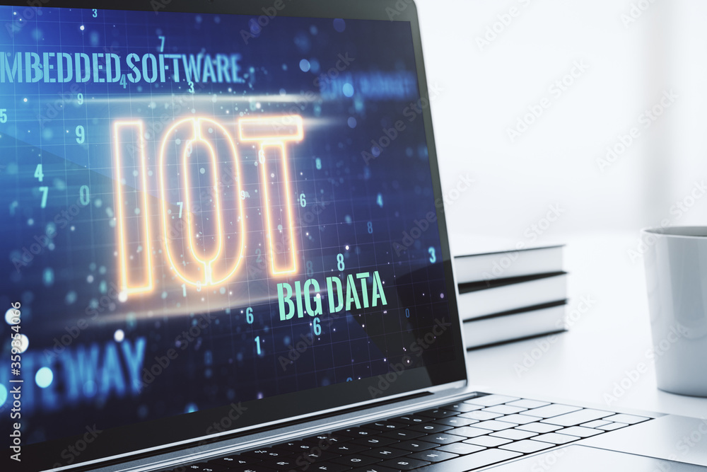 Poster creative iot illustration on modern computer monitor, future technology concept. 3d rendering