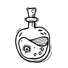 Vector drawing a flask of magic potion and the eye contour icon doodles. Magic potion illustrations for print, Internet, mobile devices and infographics isolated on a white background.