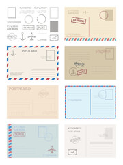Postcard envelope template set. Greeting card stamps postal services red blue frame fast delivery air ships stylish retro design empty blank graphic template. Vector invitation.