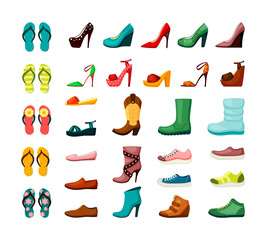 Womens mens shoes set. Elegant leather readings massive jackbuts loafers comfortable moccasins red beach slippers espadrilles fashionable green wellington warm moon boots. Flat vector fashion.