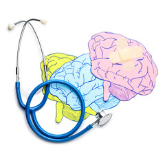 Paper brains and stethoscope on white background. Concept of dementia