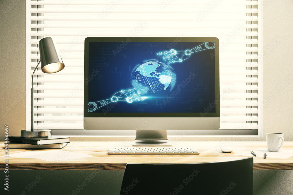 Poster creative abstract robotics technology hologram with globe on modern computer monitor, artificial int