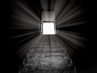Old concrete stairs to secret door with the light, way to success.