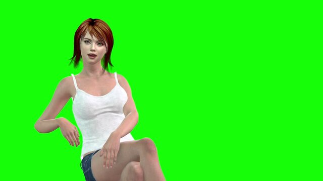 4k animation of a young attractive avatar woman dressed sleeveless top and shorts, sits and talks.