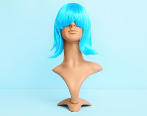 Naklejka premium Mannequin with unusual female wig on color background