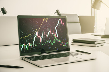 Abstract creative financial graph on modern laptop monitor, forex and investment concept. 3D Rendering