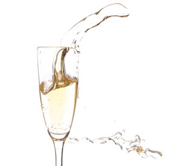 Glass of champagne with splash on white background