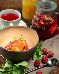 English breakfast - fried egg, beans, tomatoes, mushrooms, bacon and toast. Top view